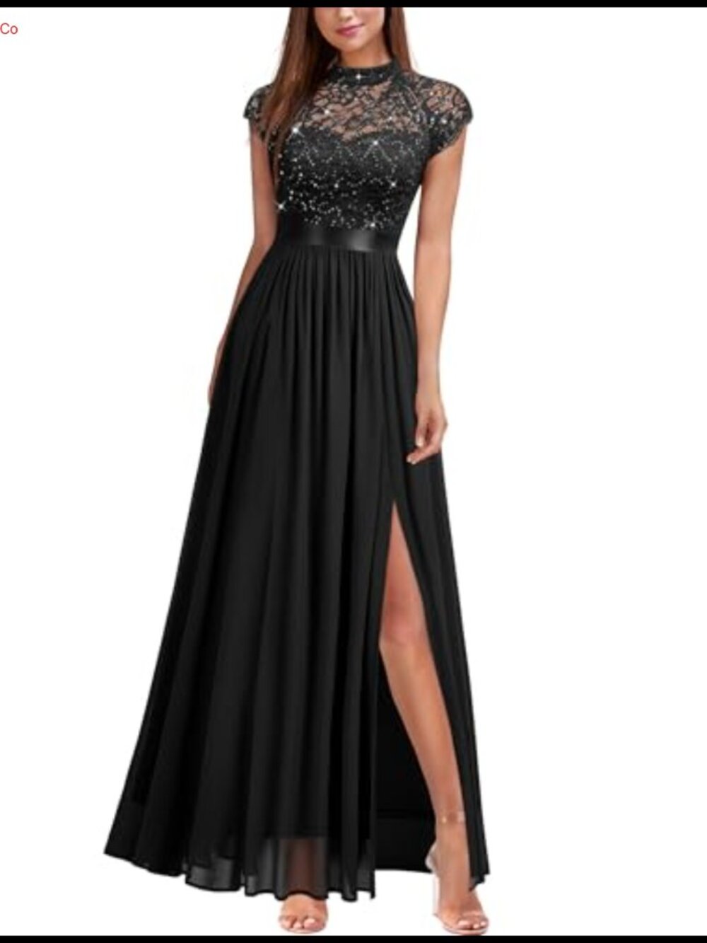 Elegant Sequin Lace Contrast Chiffon Split Style Evening Party Maxi Dress